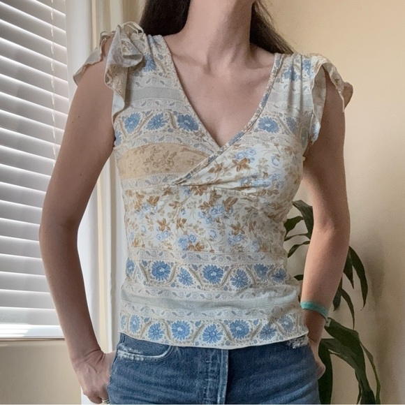 IRE Y2K Top Multicolor Neutral Floral Babydoll Wrap Top - Picture 2 of 8